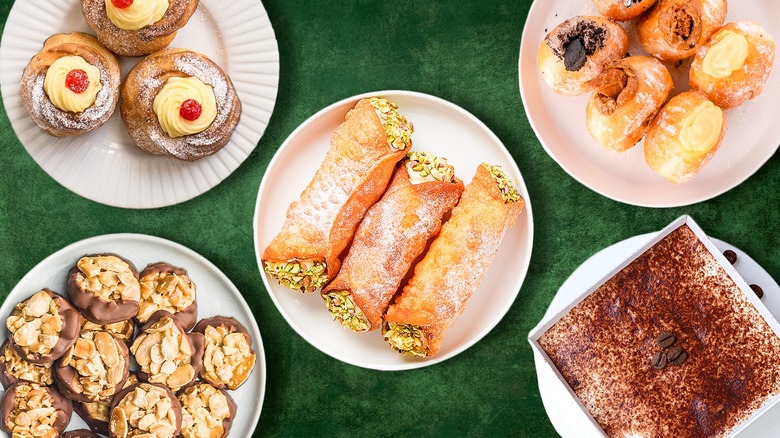 Classic Italian desserts on green background