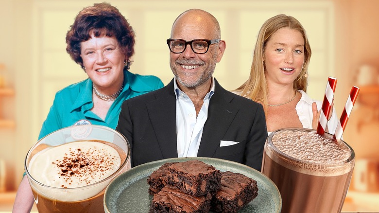 Julia Child, Alton Brown, and Molly Baz with a variety of chocolate treats
