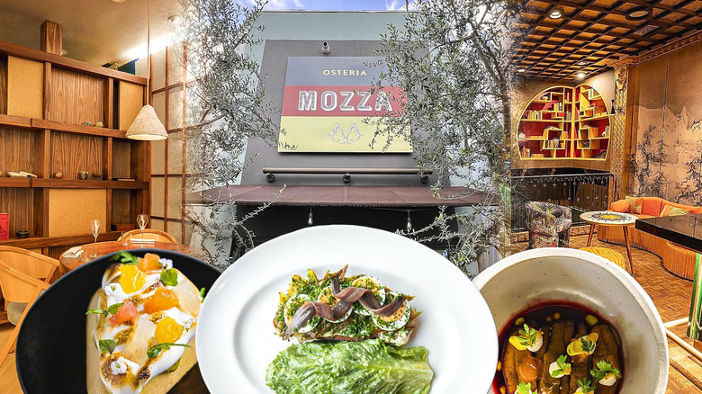 Composite image of various plated dishes in front of Osteria Mozza sign