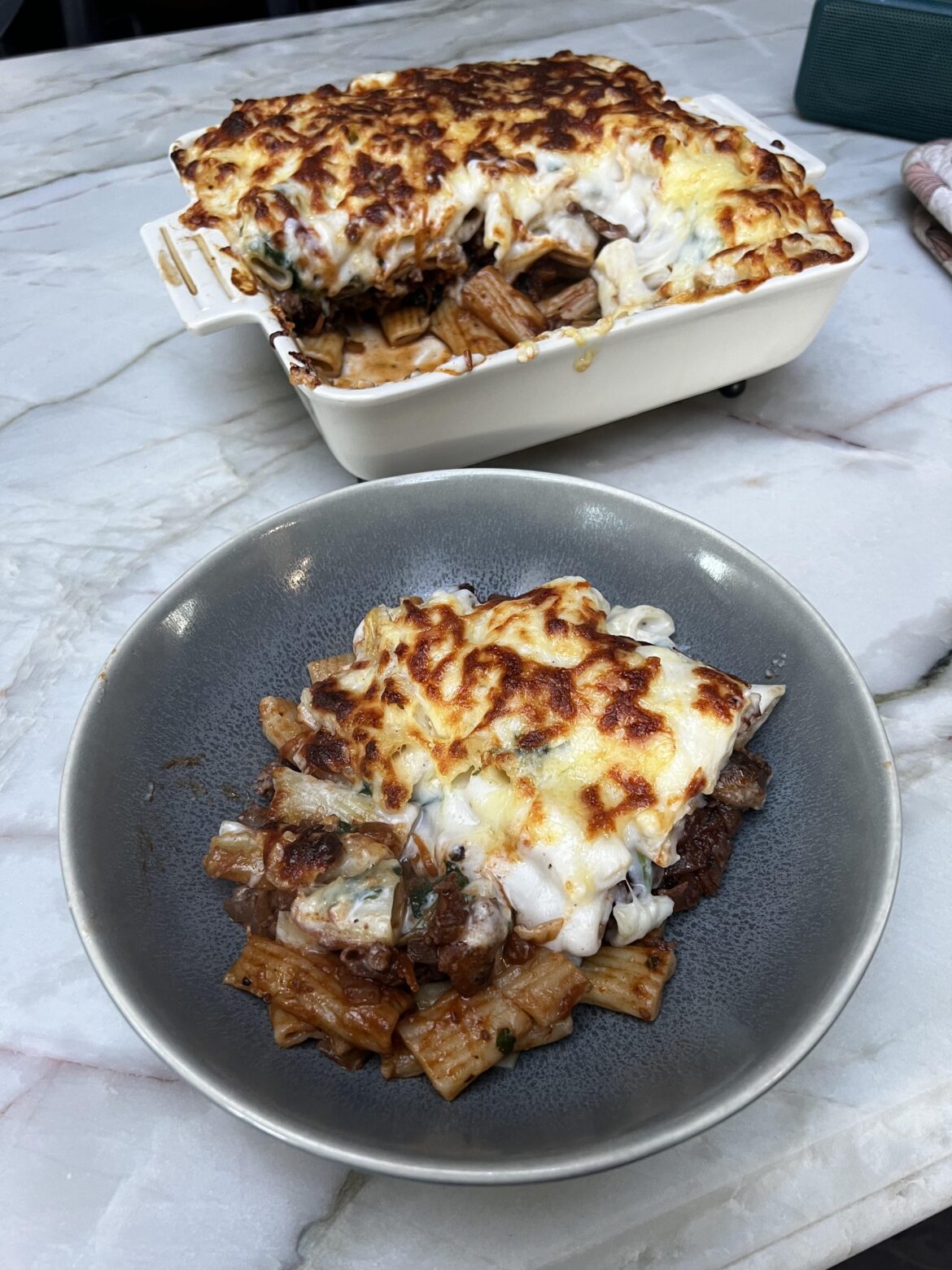 Not quite a lasagne, and not quite a pasta bake, but I’m halfway through plate number two.