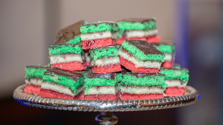 Stack of Italian rainbow cookies