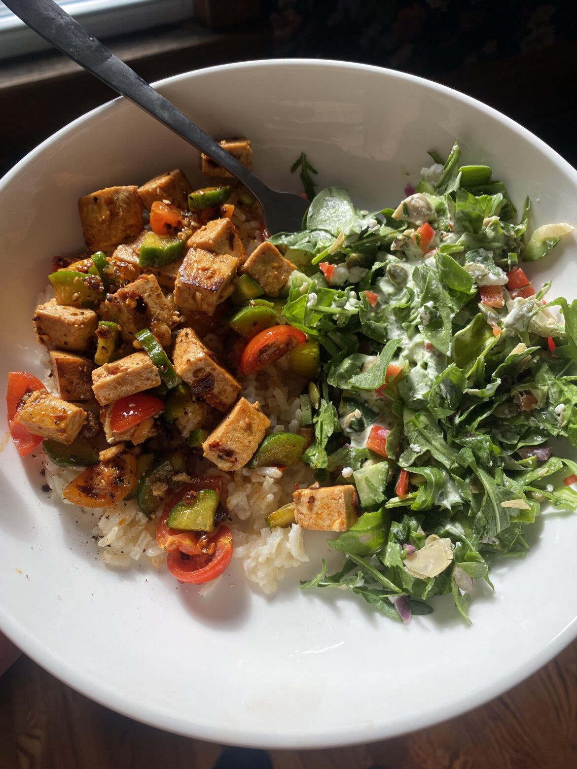 Chili crisp tofu, tomatoes & cucumbers