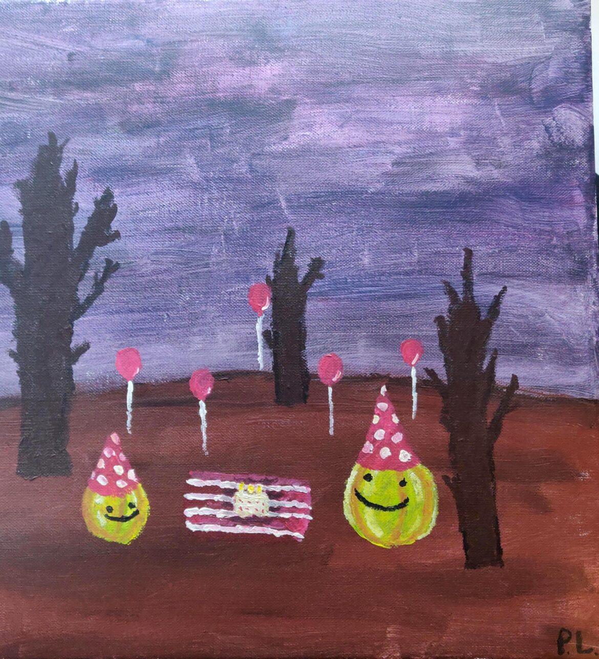 When I was 15 I used to paint onions doing human stuff. This one is onions having a birthday party.