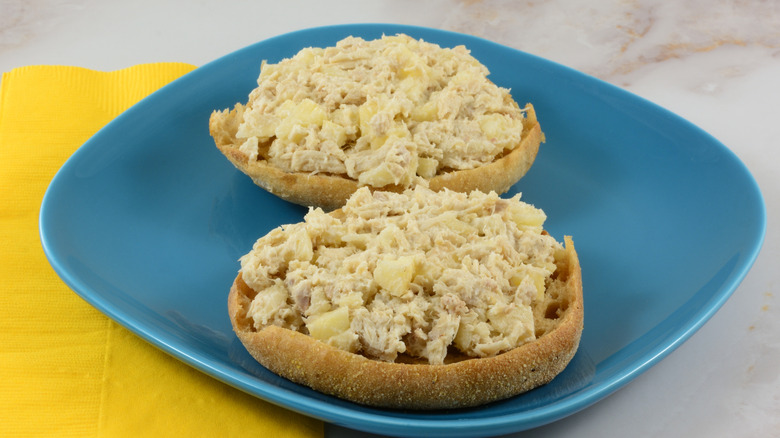 tuna salad open faced sandwiches on english muffins