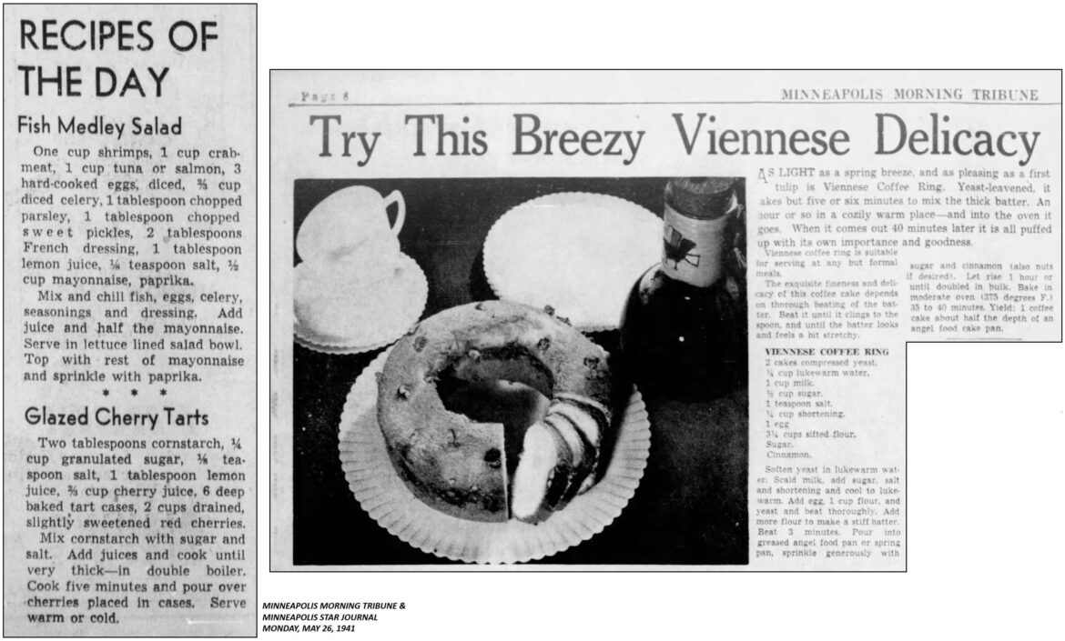 May 26, 1941: Fish Medley Salad, Glazed Cherry Tarts & Viennese Coffee Ring