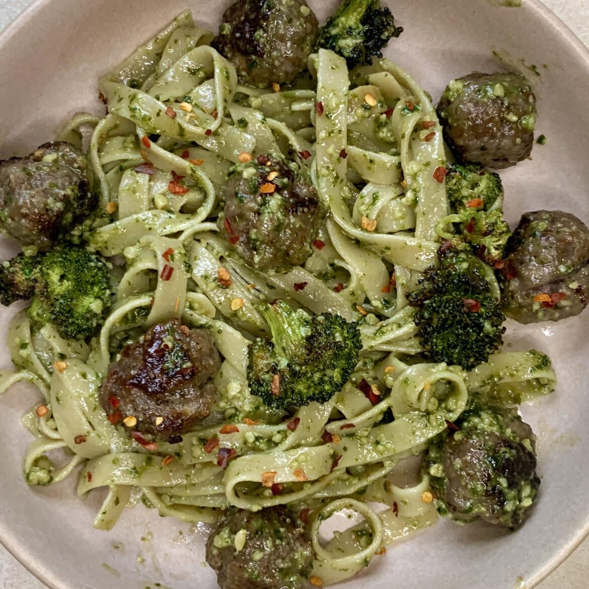Pesto Pasta with Pesto Lamb Meatballs and Crispy Broccoli