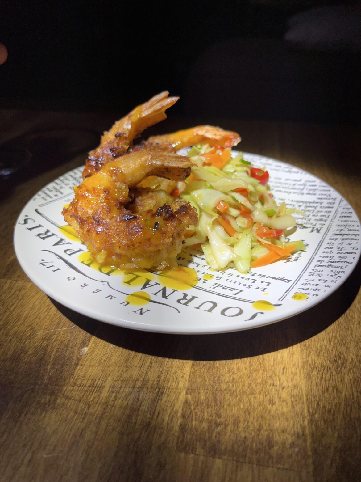 Coconut shrimp with mango chili sauce and Asian slaw