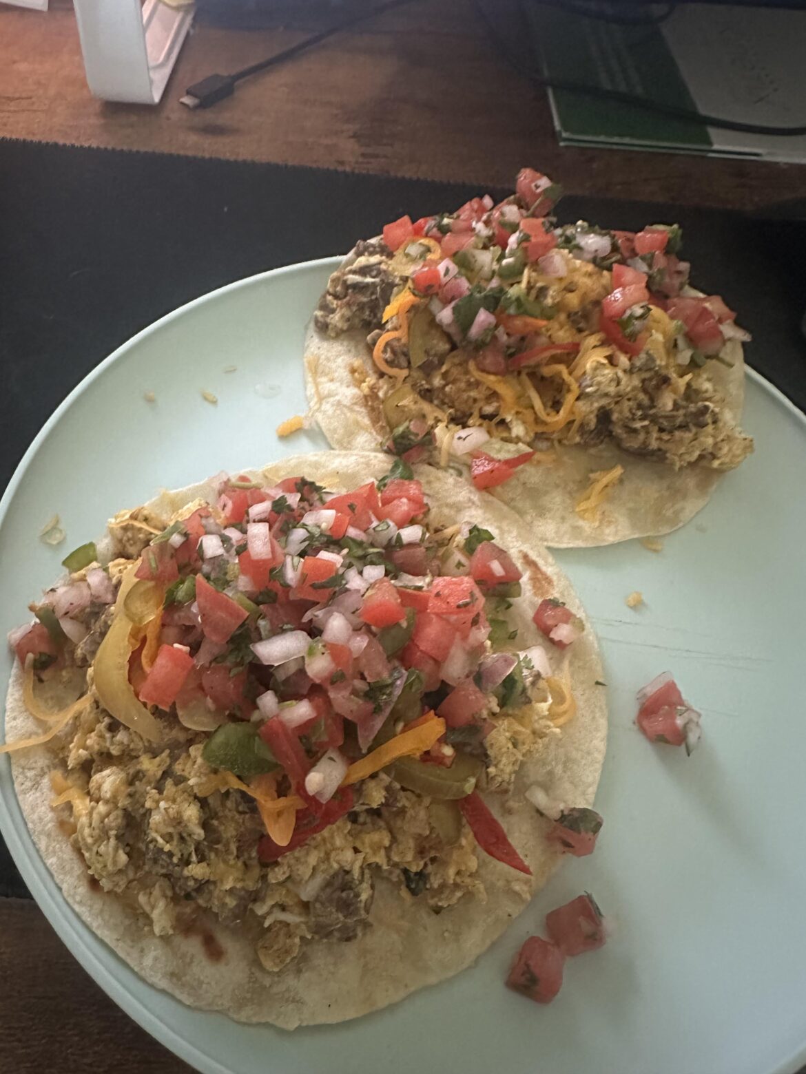 Homemade Carne Asada tacos, eggs/cheess with fresh pico and pickled hot peppers (scotch bonnet, habernero, jalapeño, Fresno)