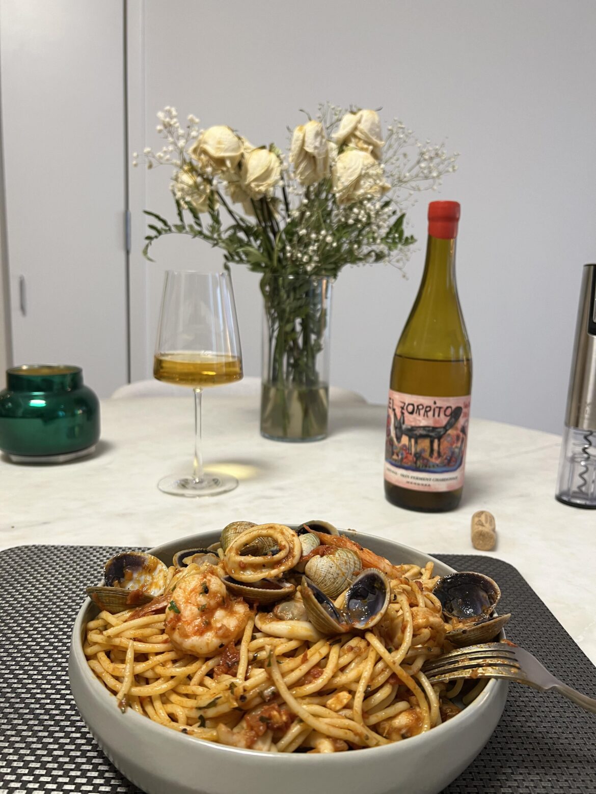 Fra Diavolo linguine with mixed seafood and orange wine