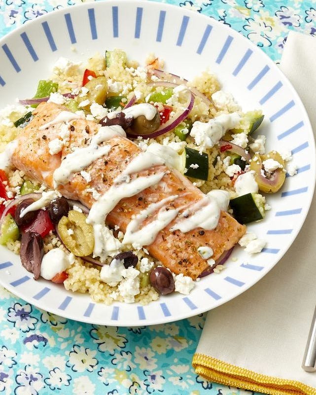 greek salmon couscous bowls with tzatziki drizzle