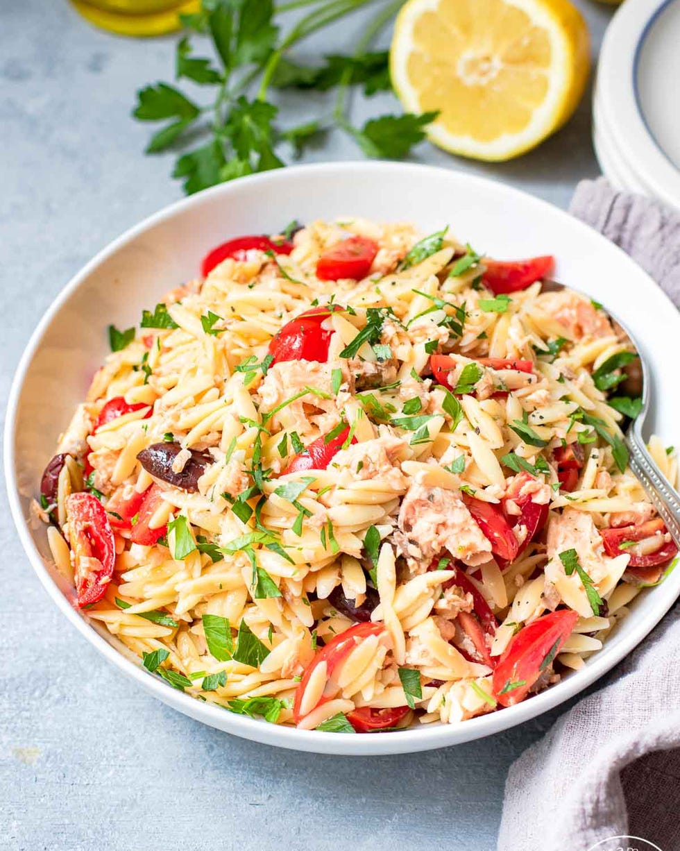 mediterranean salmon orzo salad in bowl