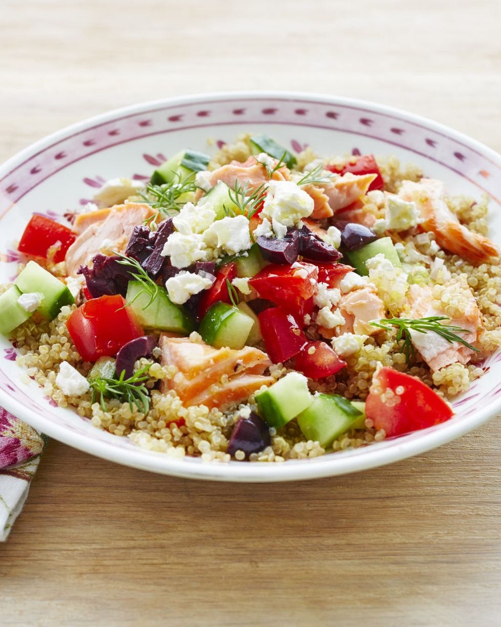 mediterranean salmon veggie grain bowl with feta