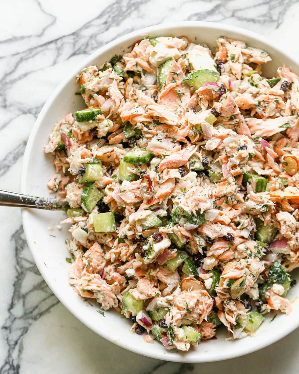 salmon salad in white bowl