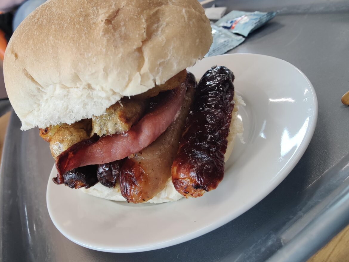 Sainsbury's breakfast bap (sausage, bacon, shroomdog, hash brown, and brown sauce)