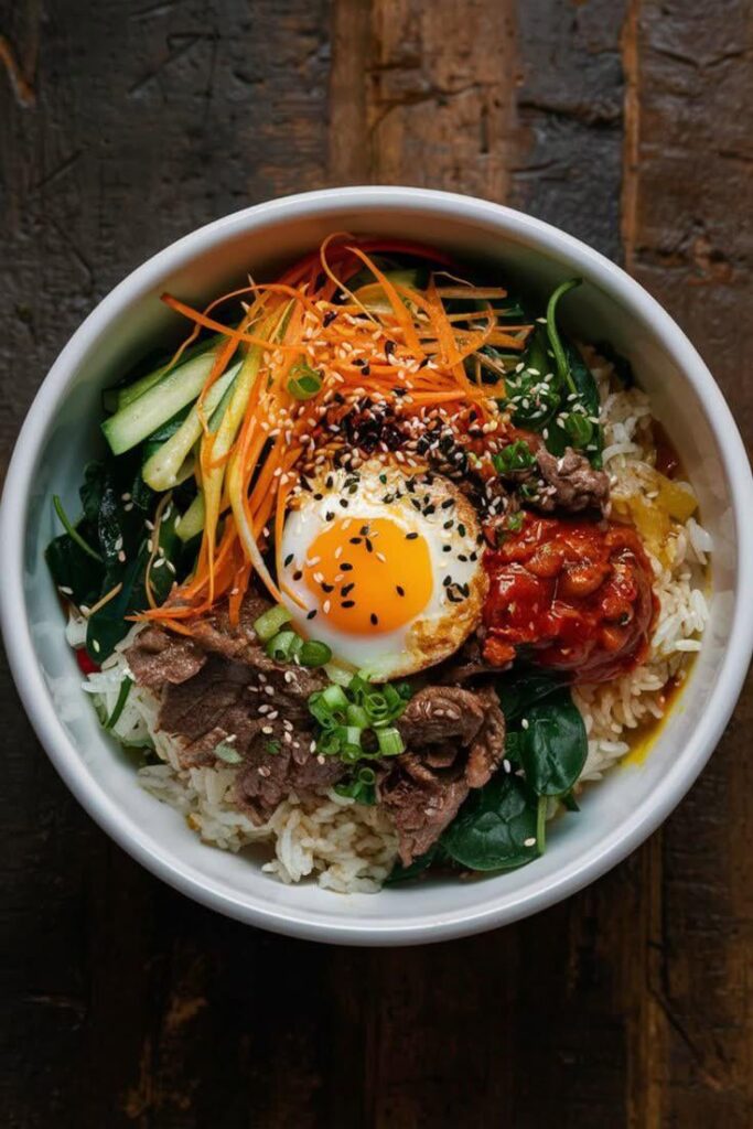 A bowl of harmony colors, textures, and flavors all coming together in one fiery mix. Bibimbap: the OG Korean masterpiece.