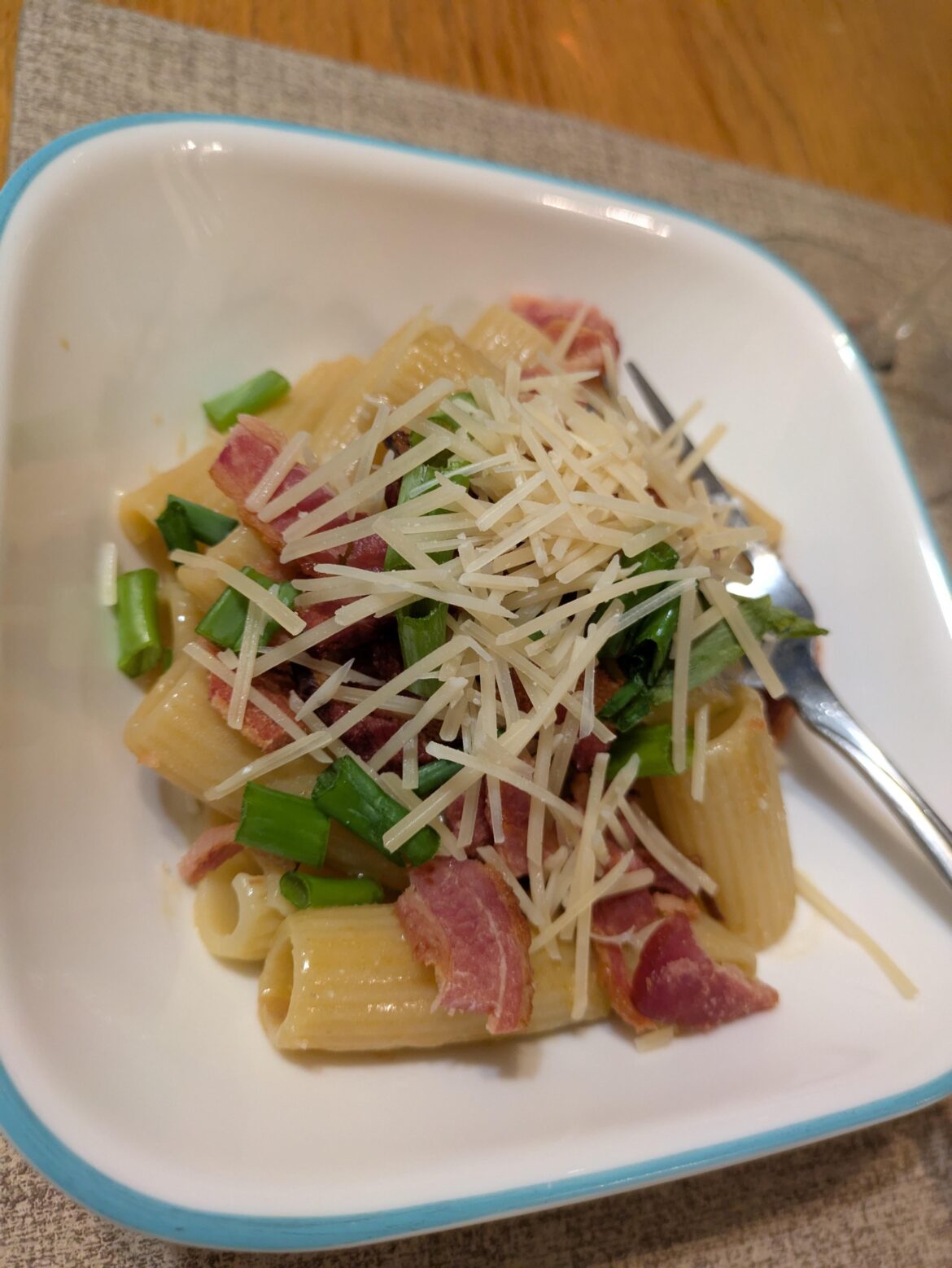 Miso rigatoni with bacon