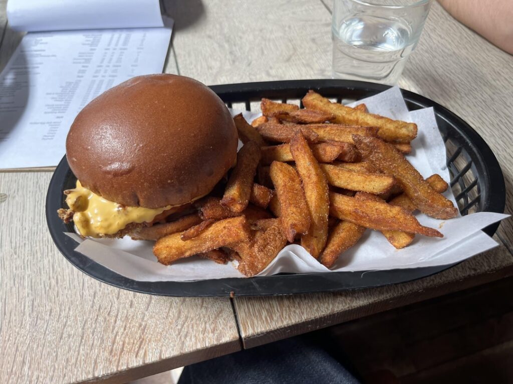 vegan nashville hot chicken sandwich and fries? around 1300 calories?