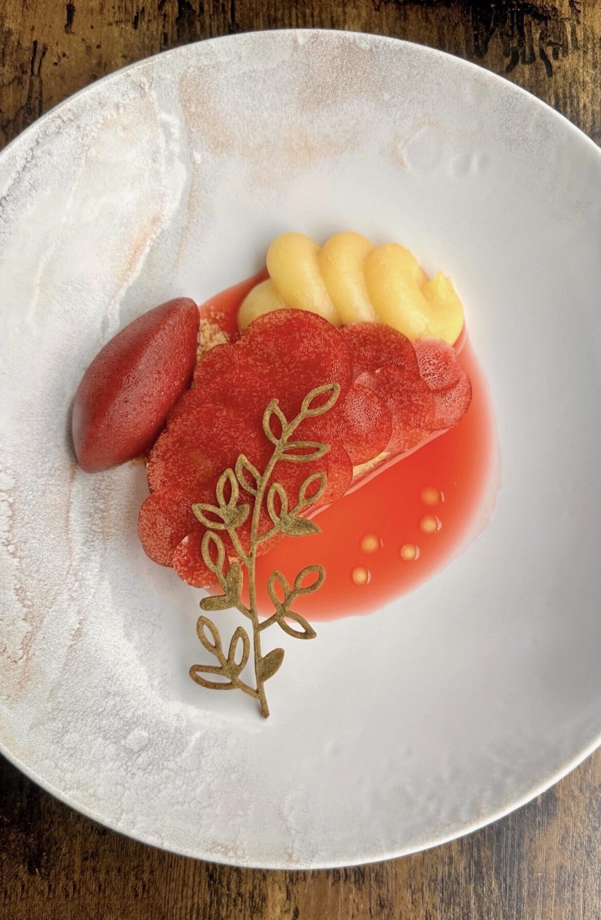 Strawberry paper, lemon curd, strawberry sorbet, etc.