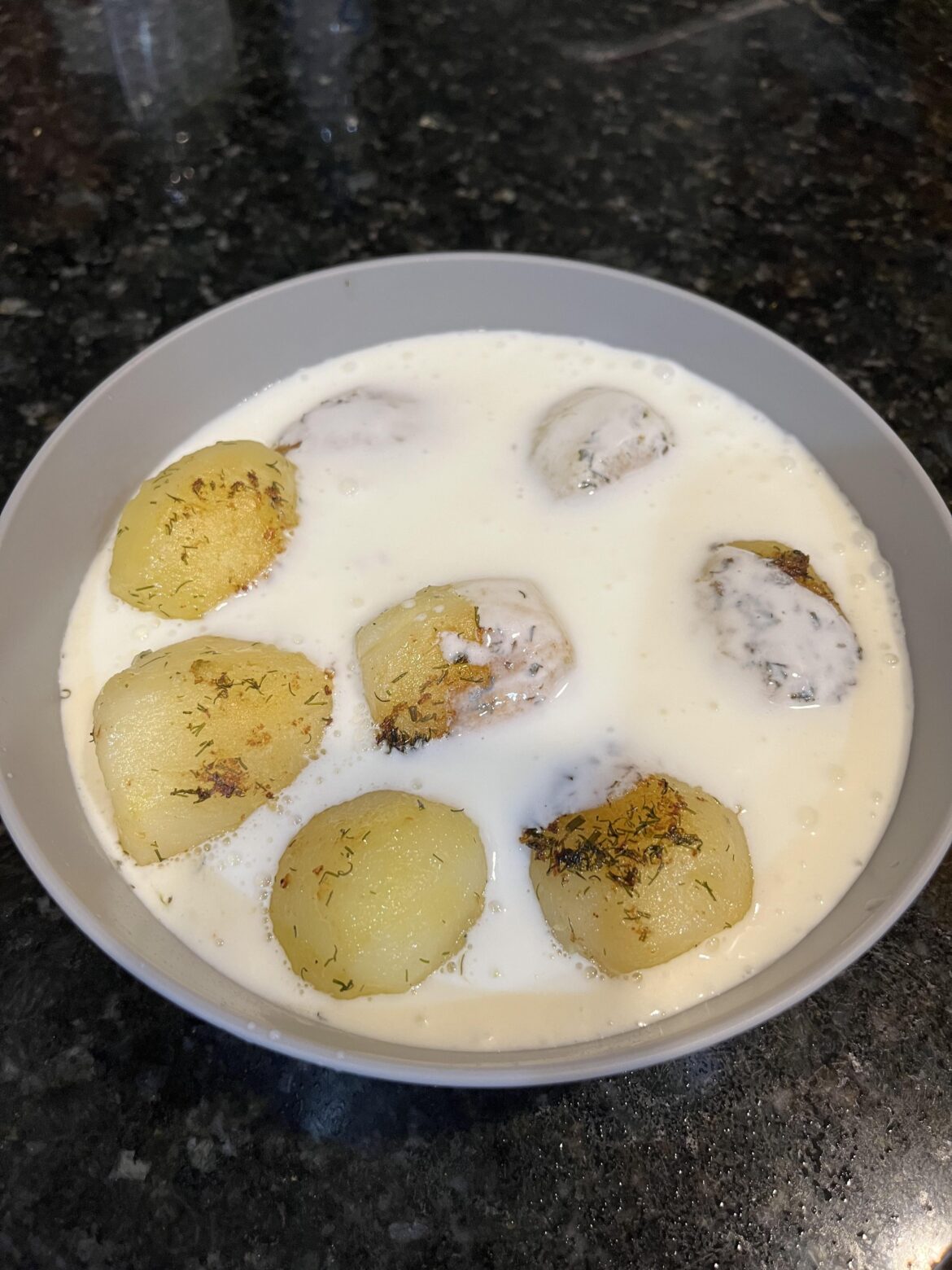 Leftover fried potatoes drowned in kefir. My sister’s favorite meal