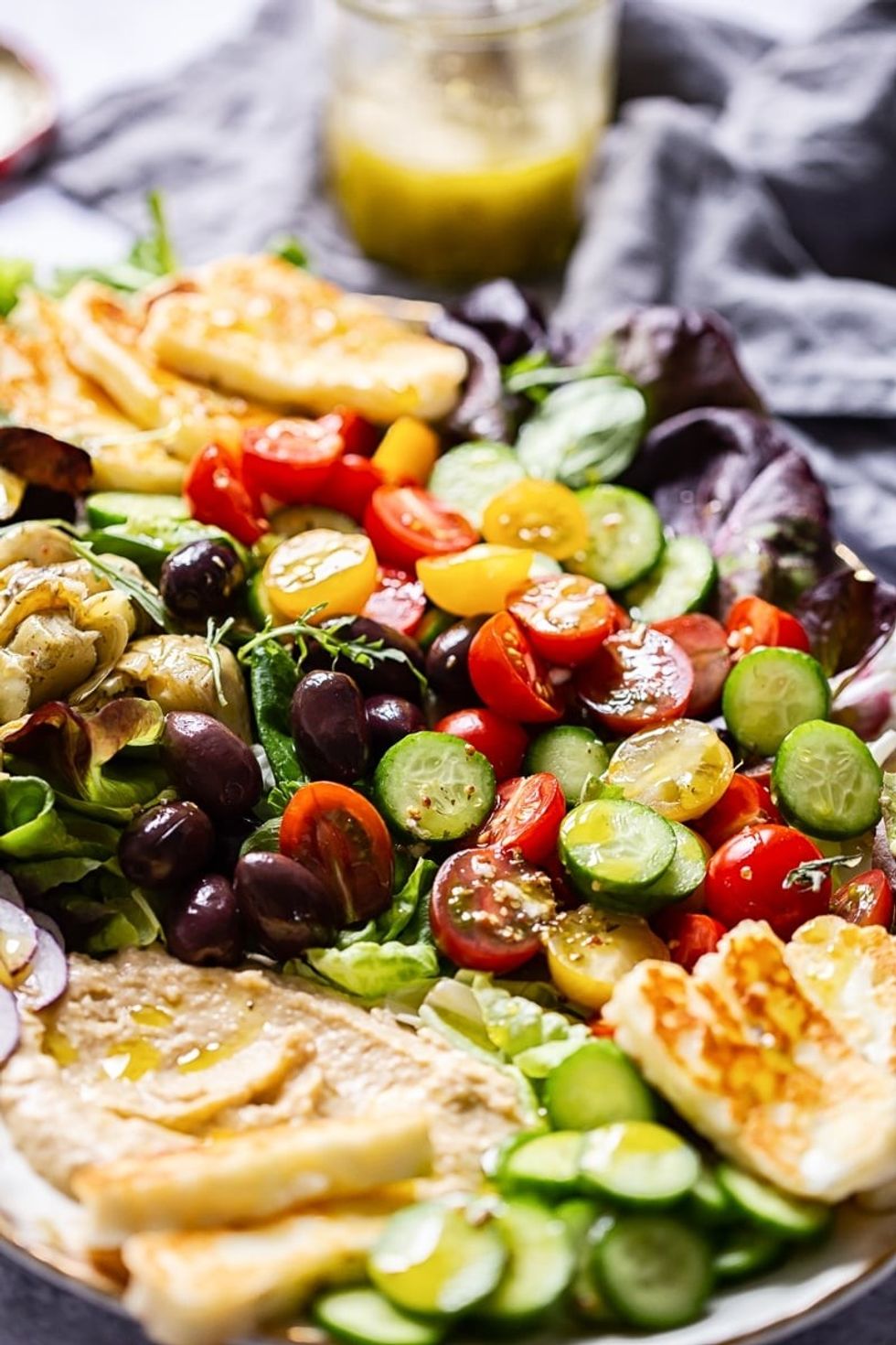 Mediterranean Salad with Hummus + Fried Halloumi