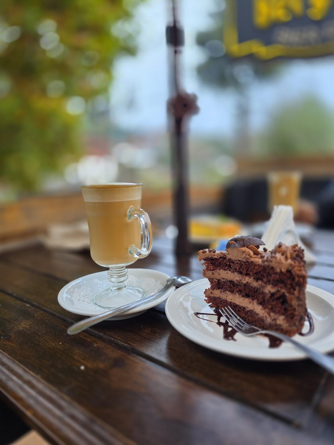 Coffee with chocolate cake in La Cumbrecita, Córdoba, Argentina.