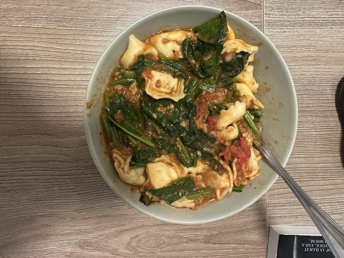 Got the free breakfast of Three Cheese Tortellini this week and turned it into a quick dinner.