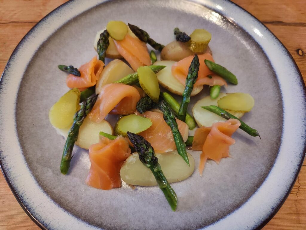 Smoked salmon, asparagus and potato salad, with a browned butter, mayonnaise and lemon dressing