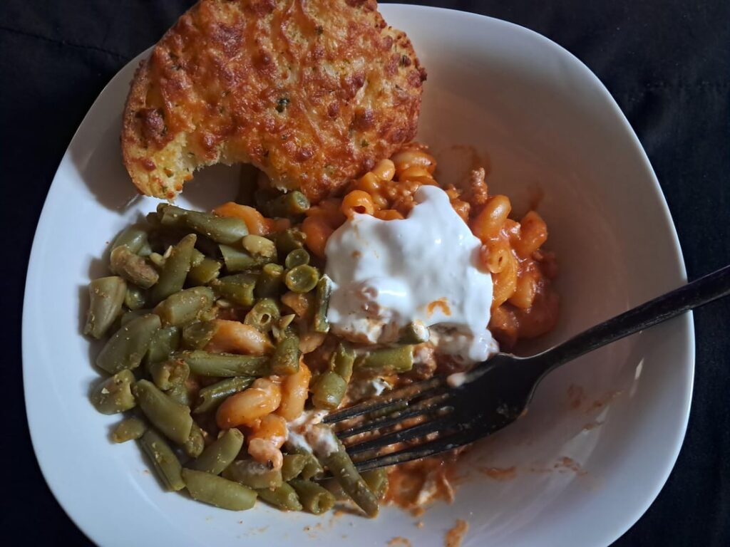Day drinking after work and I ended up making homemade hamburger helper with green beans and cheesy garlic bread.