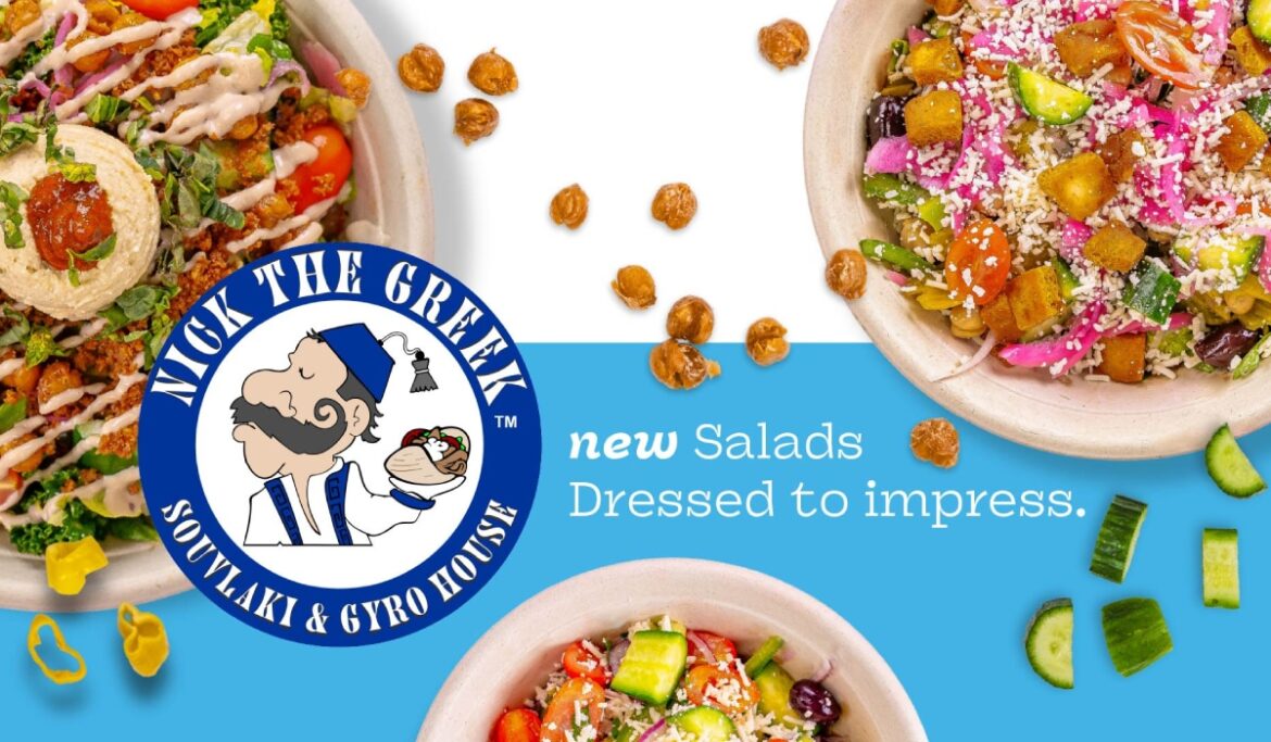 Graphic showcasing Nick the Greek's new salads.