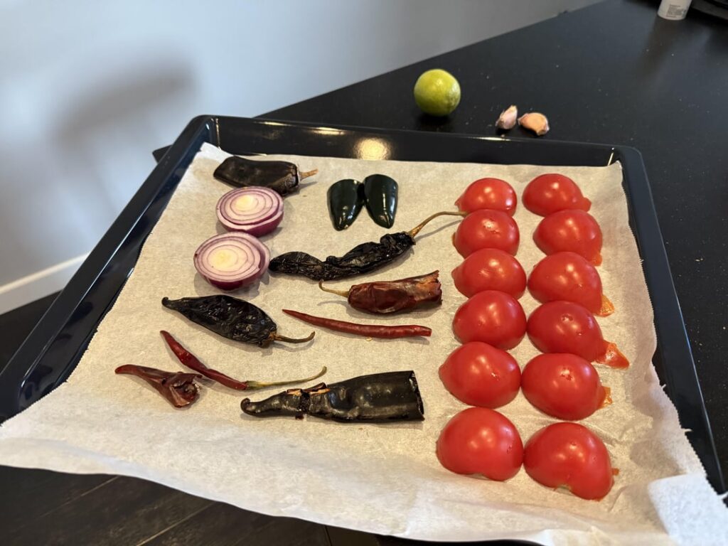 Third salsa adventure! Playing with dried chilis, broiled veggies, and two styles (chunky vs. cilantro-lime blast)