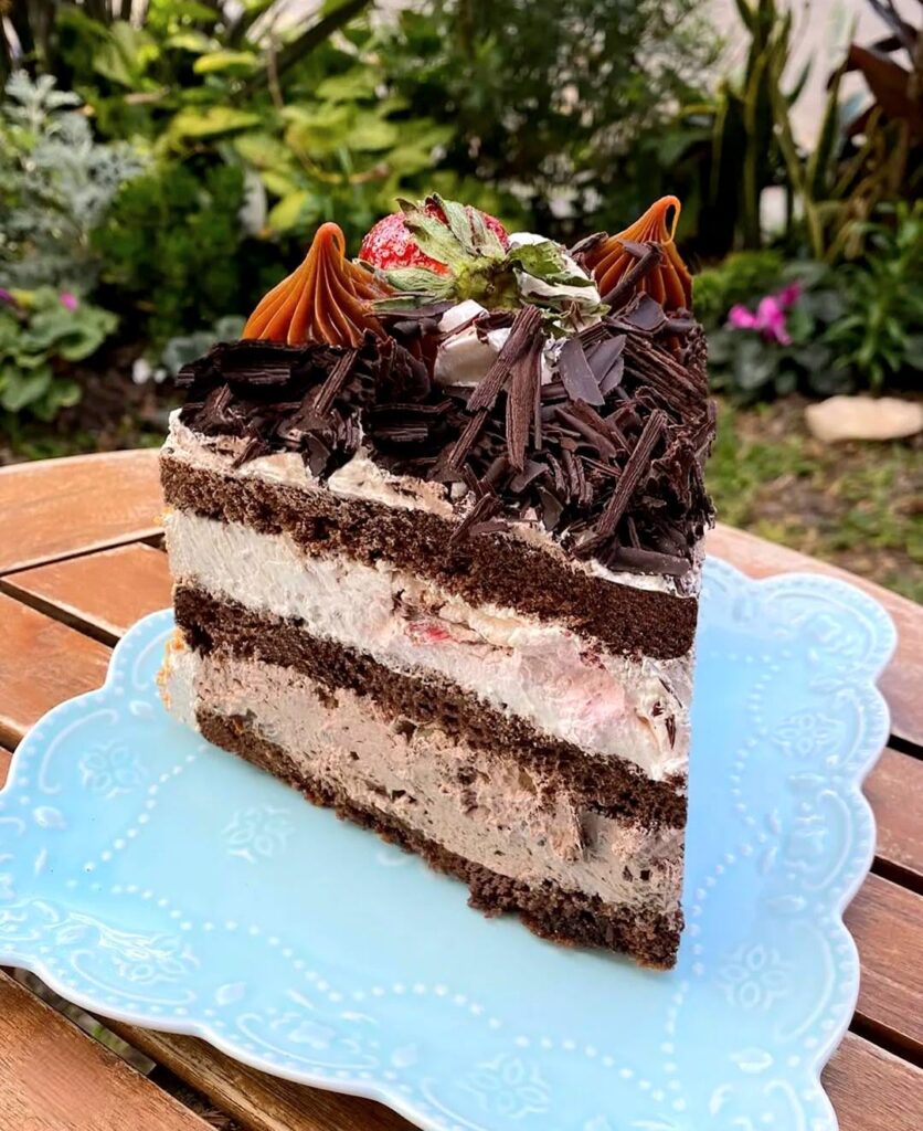 Mousse, cream and strawberry.