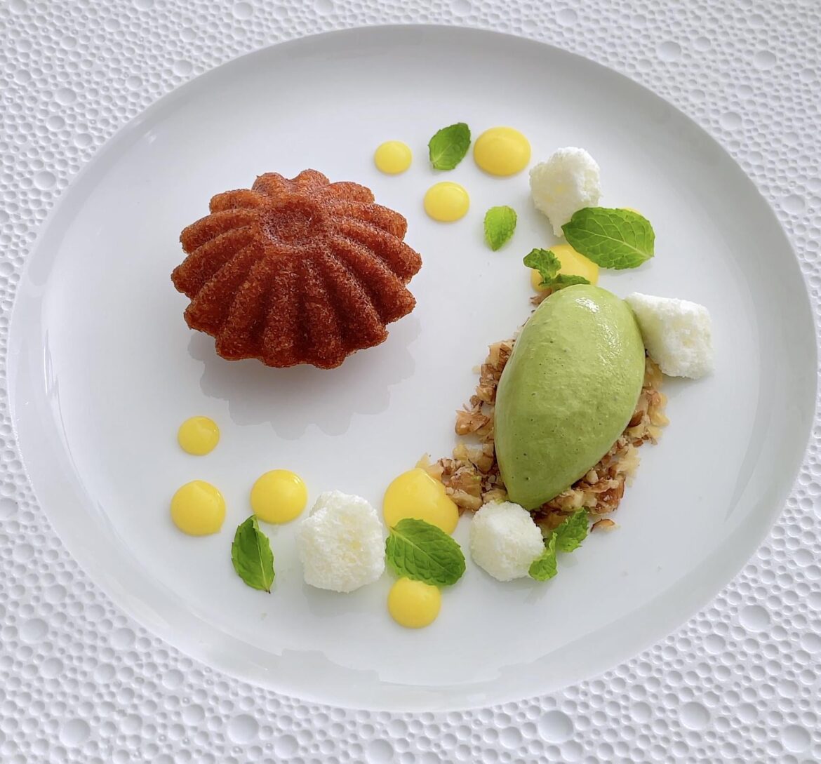 Lemon Madeleine with Matcha Ice Cream, Lemon Curd, White Chocolate Aero & Roasted Walnuts