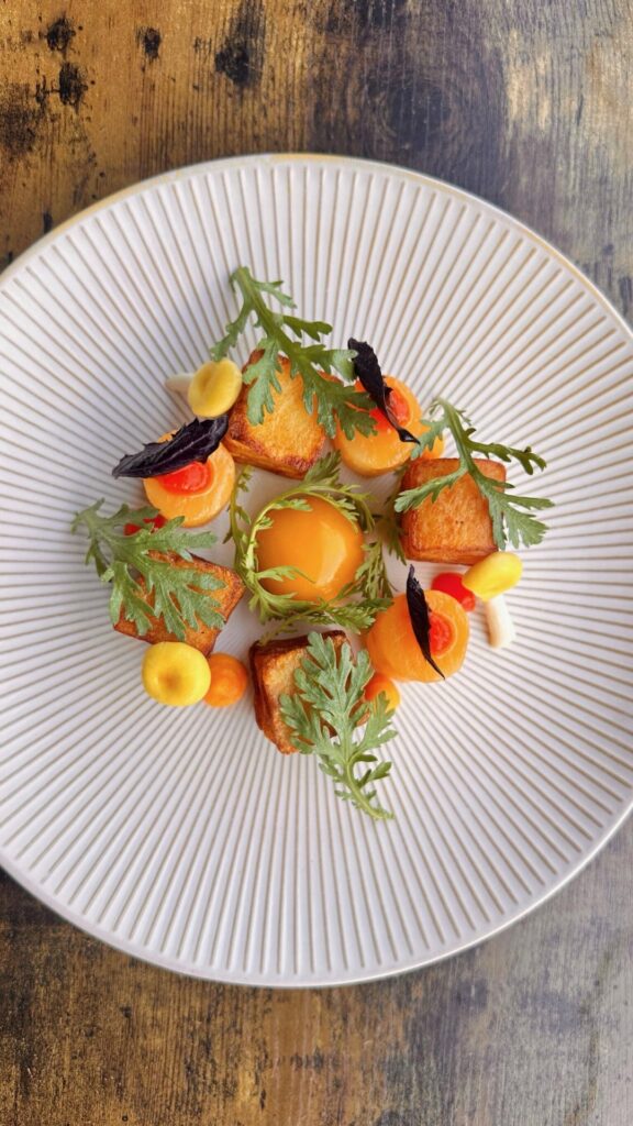 Applewood smoked yolk, golden oyster mushrooms, etc.