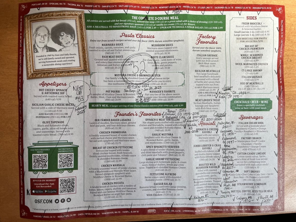 Old Spaghetti Factory menu scribbled with Mancini's notes, indicating which one he is visiting now and which one is coming up next.