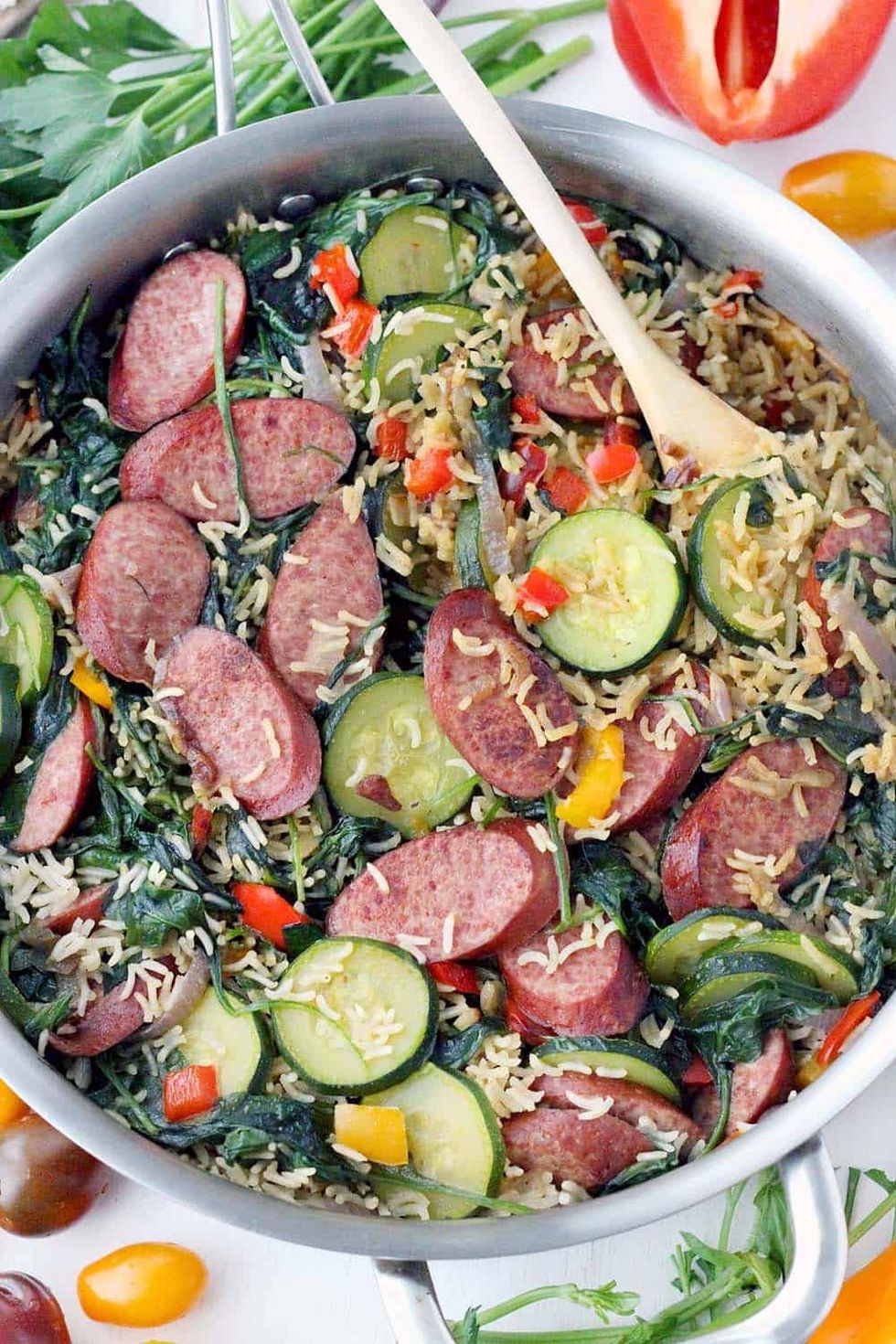 One Pot Mediterranean Turkey Sausage + Rice