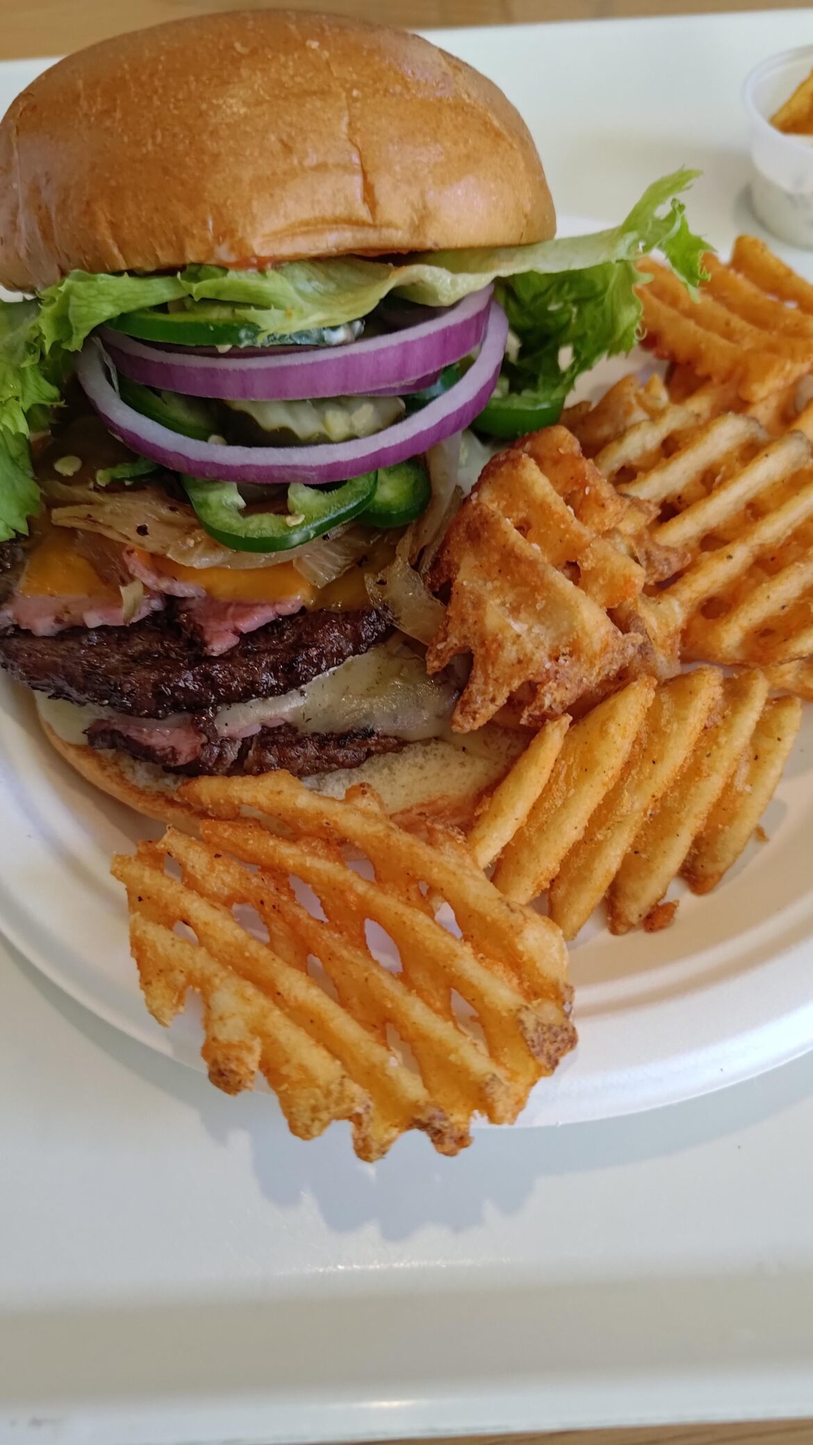 Pastrami burger I made at work with pepper jack and cheddar cheese  ft. Waffle fries.