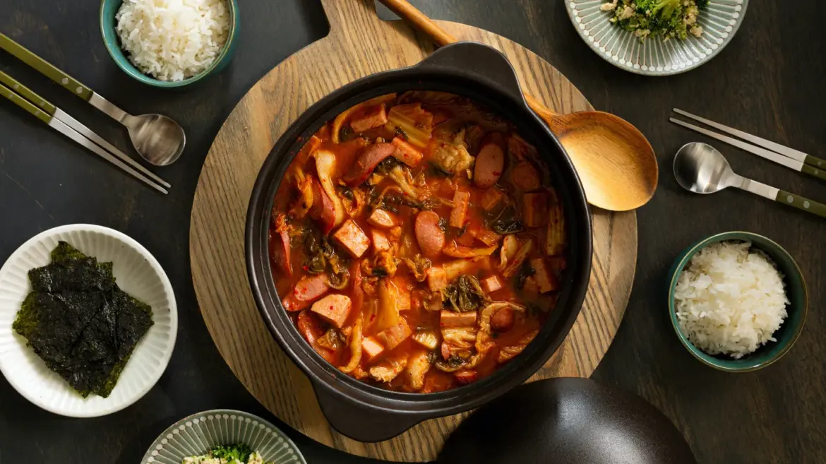 A communal bowl of kimchi jjigae.