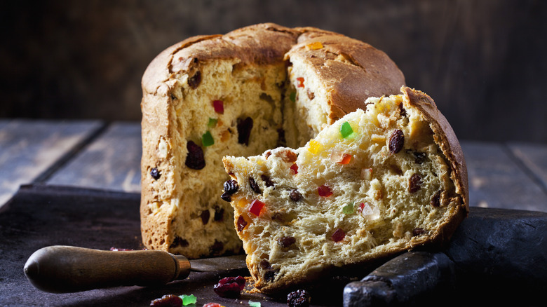 A loaf of panettone with candied and dried fruit