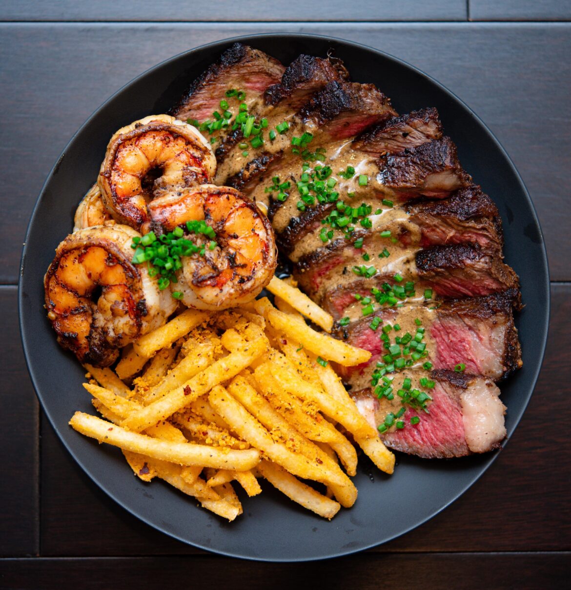 [homemade] steak, shrimp and seasoned fries