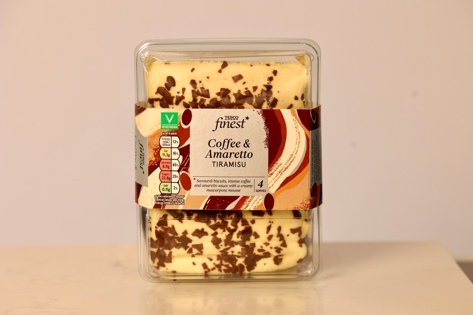Tesco Finest Coffee & Amaretto Tiramisu in plastic packaging.