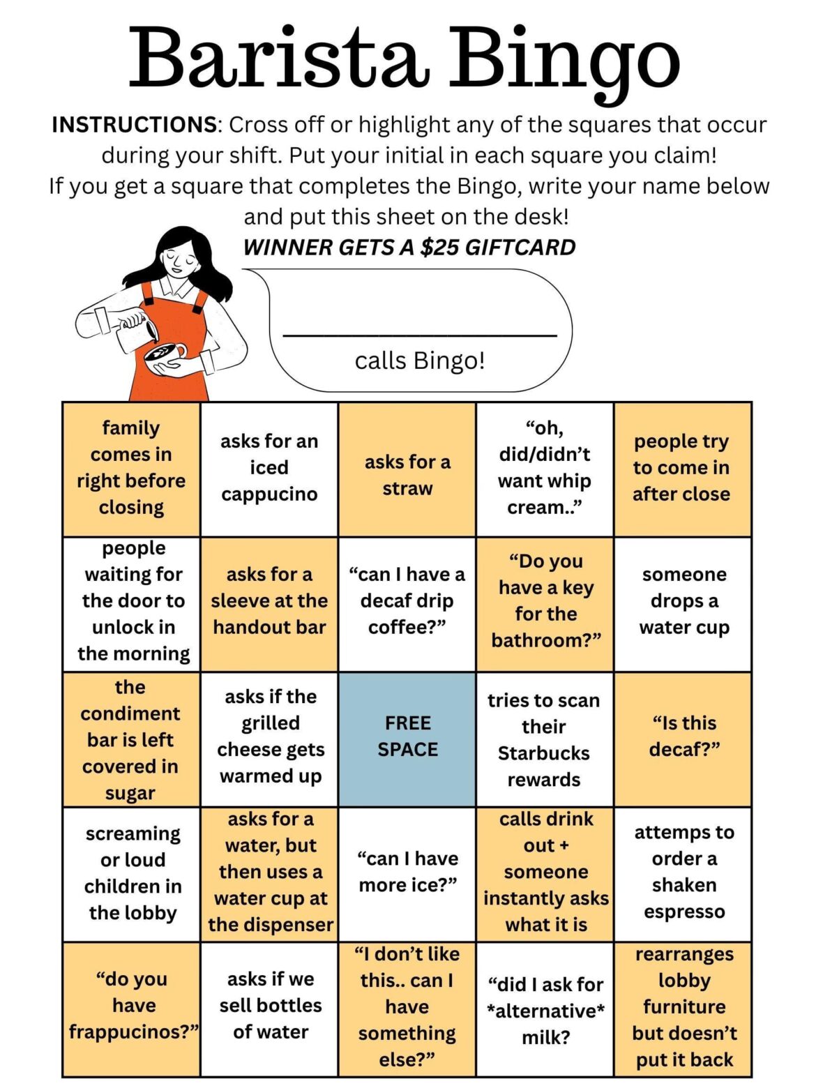 I made a bingo sheet for my employees