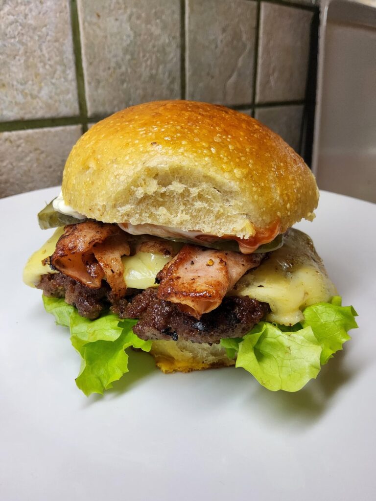 A sourdough cheeseburger with roasted ham | THE FAT CHAMOIS
