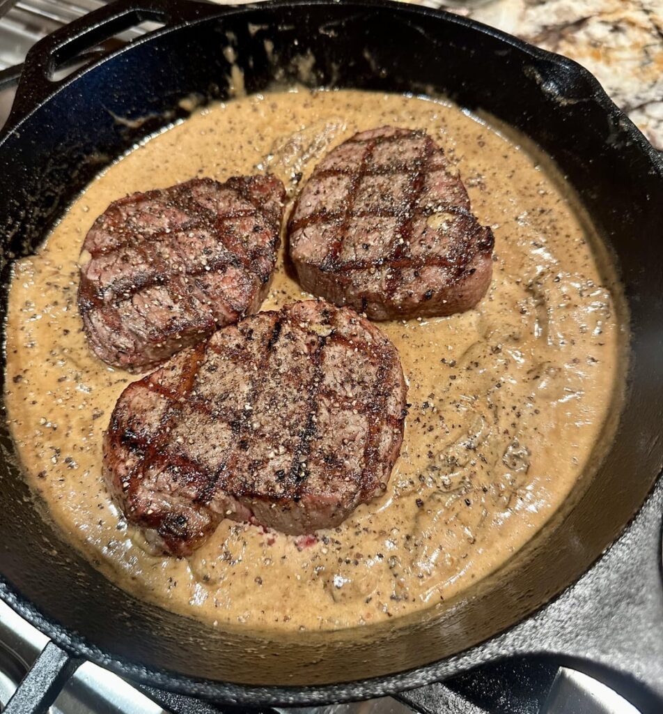 Fillets in a morel-peppercorn sauce
