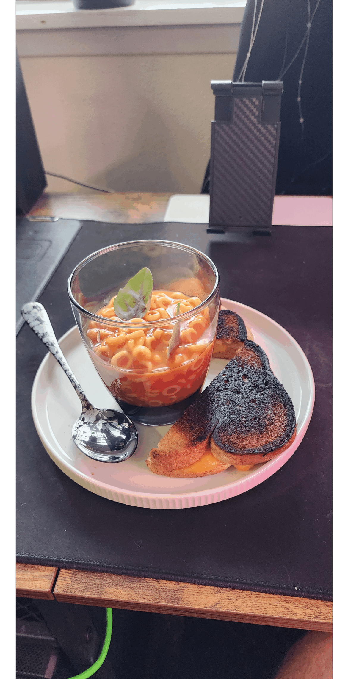 My girfriend made me grilled cheese and spaghetti-o's for dinner because I'm sick today.