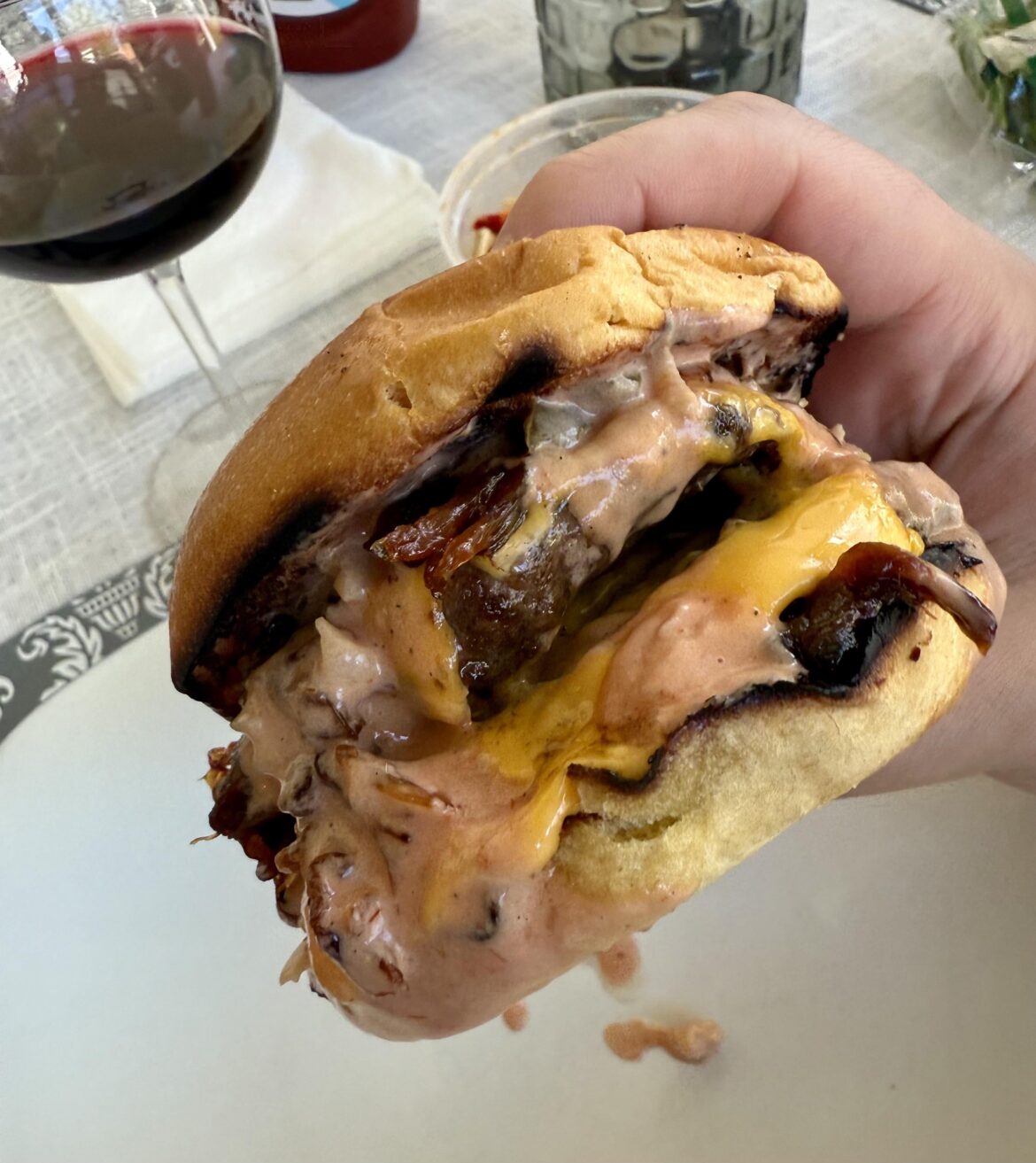 First cheeseburger on the new grill - caramelized onions & burger sauce for good measure