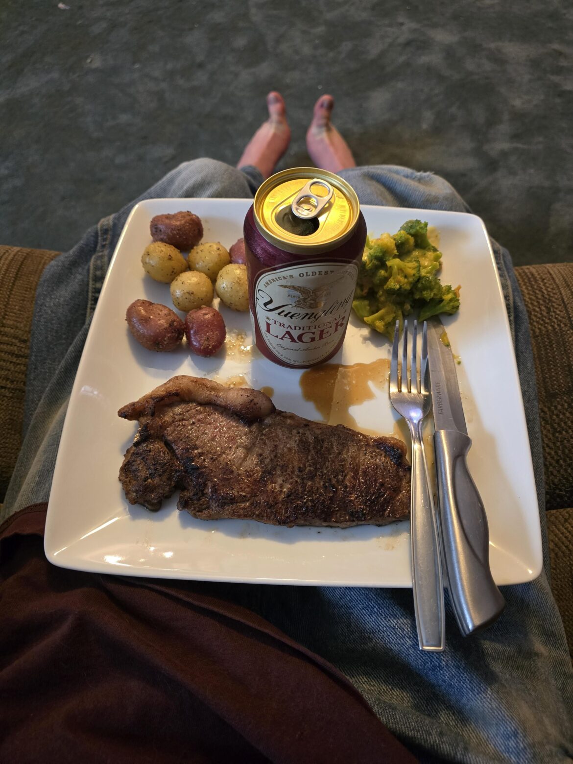 New York Stripper with garlic potatoes, cheesy broccoli, and my Yuengling.