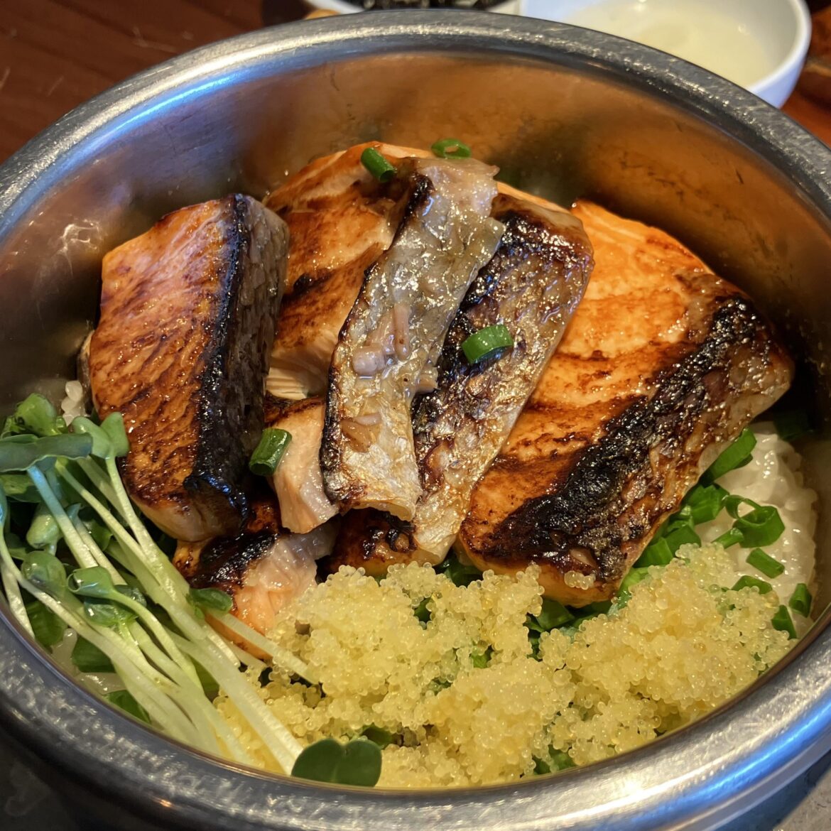 Korean pot rice with salmon