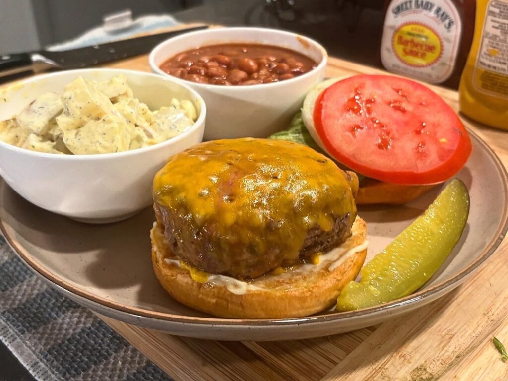 Memorial Day plate - Classic Burger, Potato Salad, Cowboy Beans
