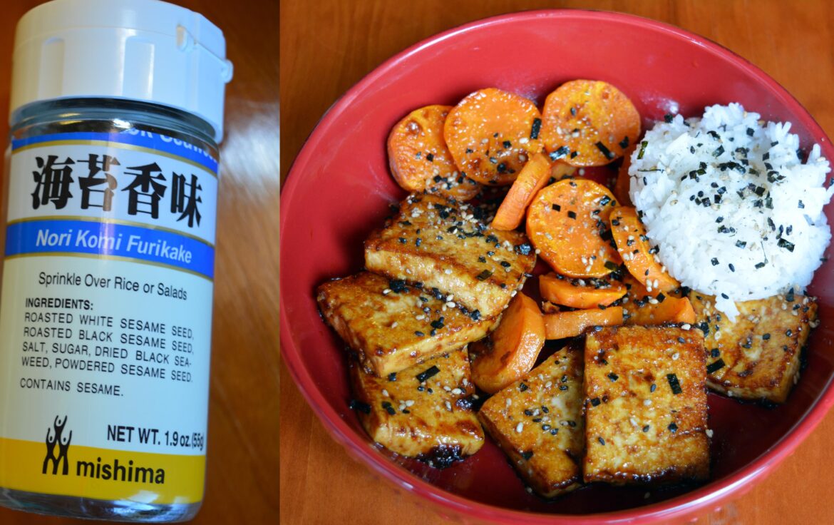 Furikake seasoning is my new favorite topping for sweet potatoes, tofu, and rice. Only 20 cal per tbsp. (bowl on the right is 423 cal, 31 P)