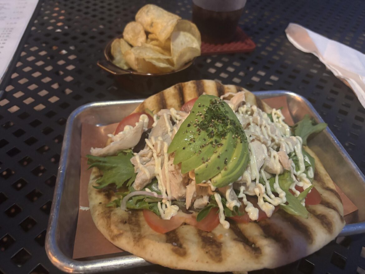 Grilled chicken with lettuce, tomato , avocado, dukes mayo , onion on a grilled pita with chips